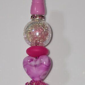 Pink Heart Beaded Ballpoint Ink Pen Sparkly